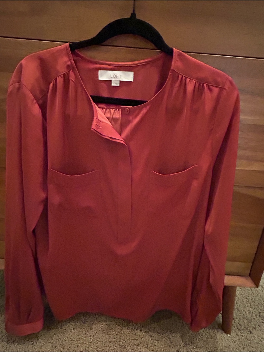 LOFT Rust Long-Sleeve Split-Neck Blouse